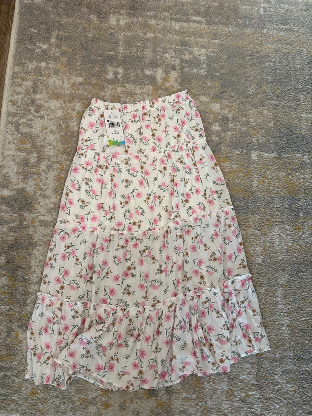 Girls White Maxi Skirt with Pink Floral Print and Tiered Ruffles
